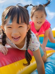 Happy asian kids on the inflatable house sunny summer day