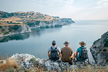 Travelers with backpacks sitting on the edge of the cliff and looking at the sea and hilly landscapes. America travel