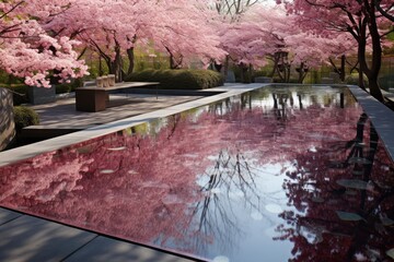 Reflective Stone Pool: A reflective pool surrounded by cherry trees, creating a mirror-like surface.