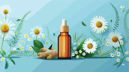 Bottle of natural serum with daisy flowers ginger and