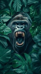 A gorilla roaring surrounded green leaves, jungle theme, wallpaper, monstera deliciosa in the style of monstera deliciosa
