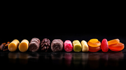 Collection of various sweet candies in a row, black background, isolate. AI generated.