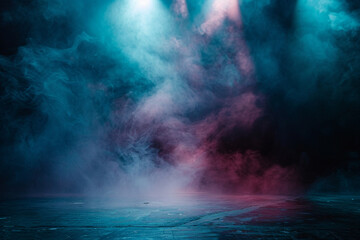 A stage with thick burgundy smoke under a light cyan spotlight, contrasting dramatically against a dark background.