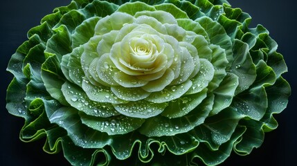   Close-up of a large green flower with water droplets on its petals and leaves against a black backdrop
