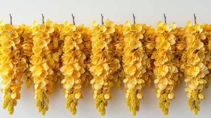   A line of yellow flowers against a white backdrop