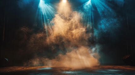 A stage with thick olive smoke under a sky blue spotlight, providing a deep, earthy contrast against a dark backdrop.