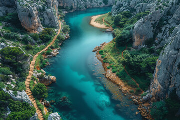 Overhead drone capture of a crystalline river winding alongside a hiking trail in a mountainous area. AI generated.