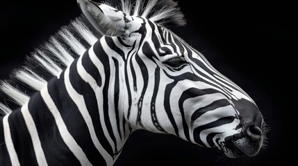   A close-up of a zebra's head against a solid black background