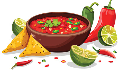 Bowl of tasty salsa sauce and symbols of Mexico on white