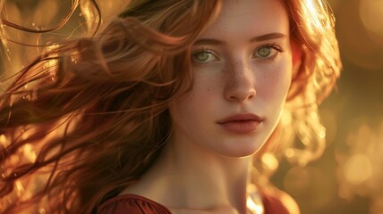 Beautiful girl with long red curly hair. She has light blue eyes and a gentle expression on her face. She is wearing a red dress. The background is blurry and looks like a forest. - Powered by Adobe