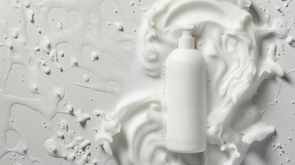 Hair care products blank  white cream shampoo bottle placed between foam, top view, commercial photography