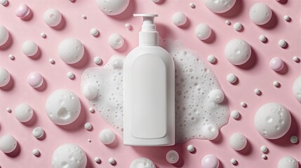 Hair care products blank  white cream shampoo bottle placed between foam, top view, commercial photography