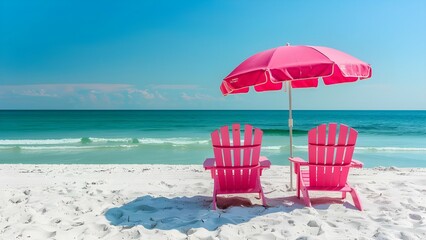 Pink beach chairs and a beach umbrella on beach