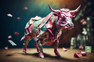 A bull made out of paper money is standing on a table