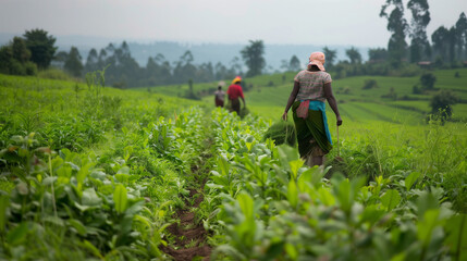 A woman is walking through a field of green plants