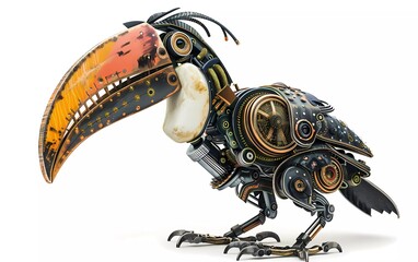 Naklejka premium Render of a steampunk metal 3D illustration of a toucan bird, on a white background