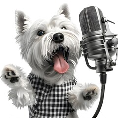 A hand-drawn illustration of a white dog with a microphone, wearing a checkered shirt. 