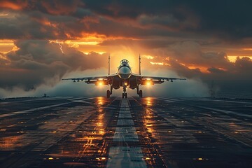 Naklejka premium A military jet positioned on an aircraft carrier against a dramatic sunset sky