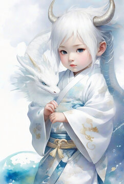 Watercolor painting of a child and a baby white dragon, 白龍, 龍, 男の子, Generative AI