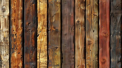   A close-up of a colorful wooden fence with diverse wood tones on each plank