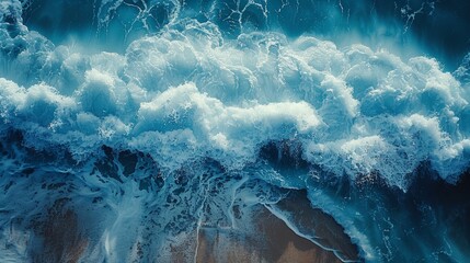 Aerial View of Turbulent Ocean Waves Crashing on a Sandy Shoreline
