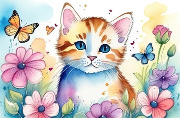A beautiful, red, white cat with flowers and butterflies. A big head. A colored postcard. Cover for a notebook, book, notebook. Mother's Day, March 8, birthday, congratulations on the holiday