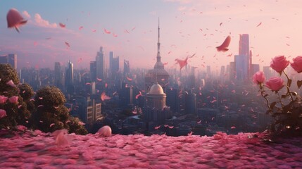 Pink rose petals on the background of a city