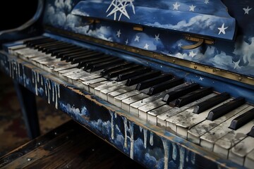 Fototapeta na wymiar Piano keyboard painted with a pentagram and sky. .