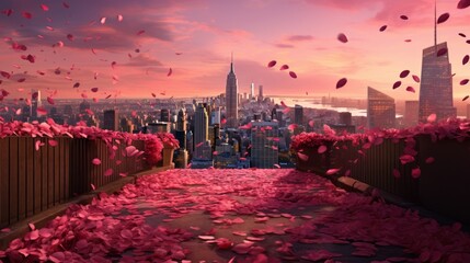 Pink rose petals on the background of a city