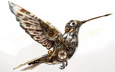 Render of a steampunk metal 3D illustration of a hummingbird, on a white background