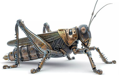 Render of a steampunk metal 3D illustration of a grasshopper, on a white background