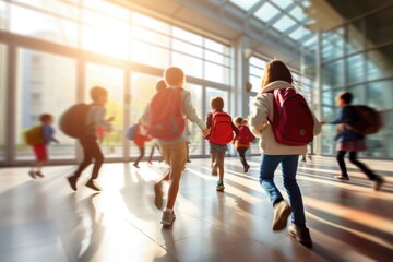 Young Students with Backpacks Rushing Through Sunlit School Hallway