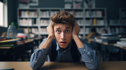 Shocked Young Male Student Overwhelmed by Study in Library, Books Everywhere