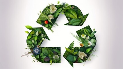 Recycling Symbol Composed of Exquisite Flowers and Green Leaves on White Background