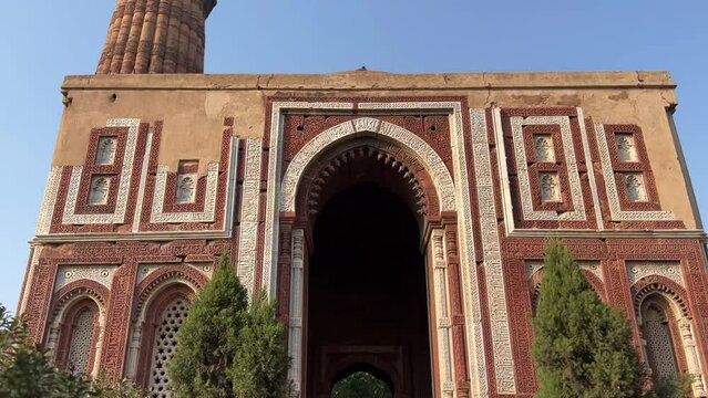 The Qutub Minar at Delhi India.Tallest minaret in the world closeup with selective focus and blur