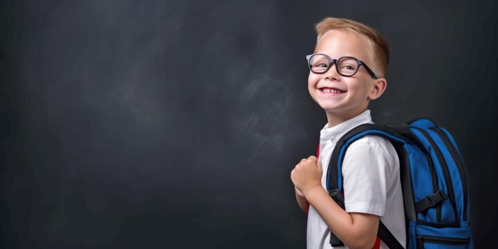 Happy Young Boy Ready for School with Backpack and Glasses