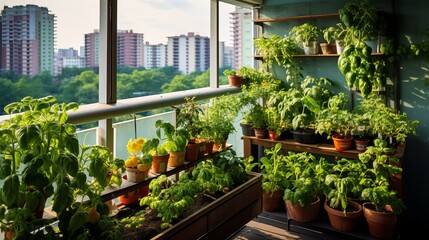 Fototapeta na wymiar Vegetable garden in balcony of urban family apartment