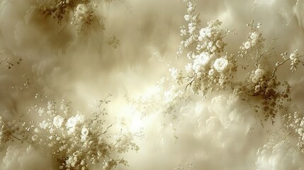  A stunning depiction of white blossoms against a beige backdrop, illuminated from above by a soft light at the center