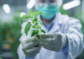 Scientists examine GMO plant in lab - exploring biotech and GMO - obrazy, fototapety, plakaty