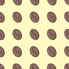  seamless pattern of brown coffee beans is shown in a yellow background, suitable for any purpose. For example : website design, mobile app, walpaper, textile, etc