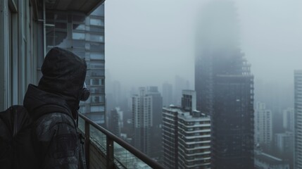 A person in a hooded jacket looking out at a foggy city skyline from a high balcony, with skyscrapers partially obscured by the mist. - obrazy, fototapety, plakaty