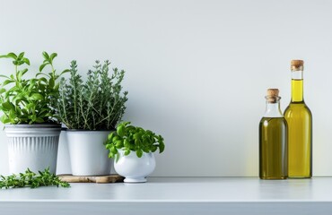 Sunlit Kitchen Counter With Olive Oil, Fresh Herbs, and Cooking Utensils in the Morning