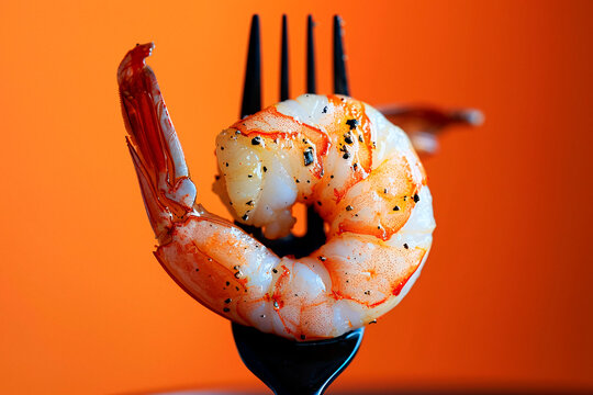 A close-up of succulent grilled shrimps skewered on a black fork, set against a vibrant orange background