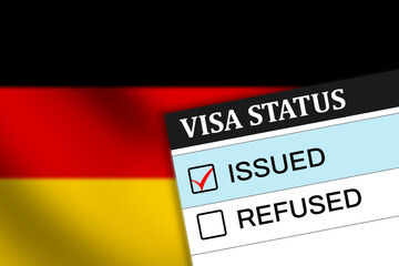 Germany visa issue with red tick in the box, waving flag in the backdrop