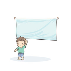 Young cartoon boy standing beside blank banner white background. Child presenting empty space, happy smiling expression. Cute character holding up large sign message, showcasing
