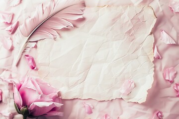 Elegant Pink Rose and Feather With Crumpled Paper on Pastel Background