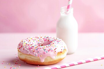 Pink Frosted Donut With Sprinkles and a Glass of Milk on a Wooden Table