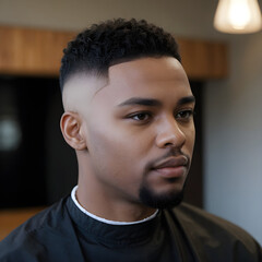 Obraz premium Young Black Man at Barbershop Getting Haircut