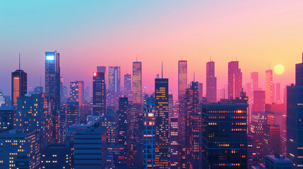 Panoramic shot of a city skyline at dusk, representing economic growth with skyscrapers lit up as symbols of thriving markets3d vector illustrations