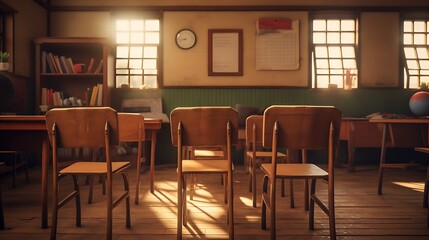 A vintage wooden school chair in a quaint classroom, evoking memories of childhood learning